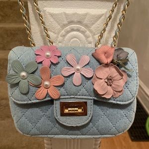 Cute Floral light denim purse with gold chain straps